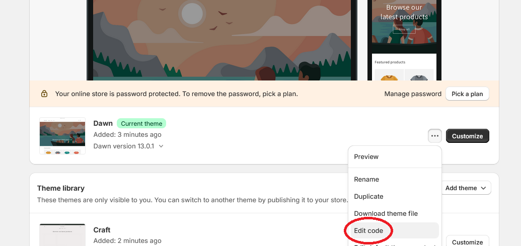 Screenshot of Shopify clicking
the theme's 'Edit Code' function