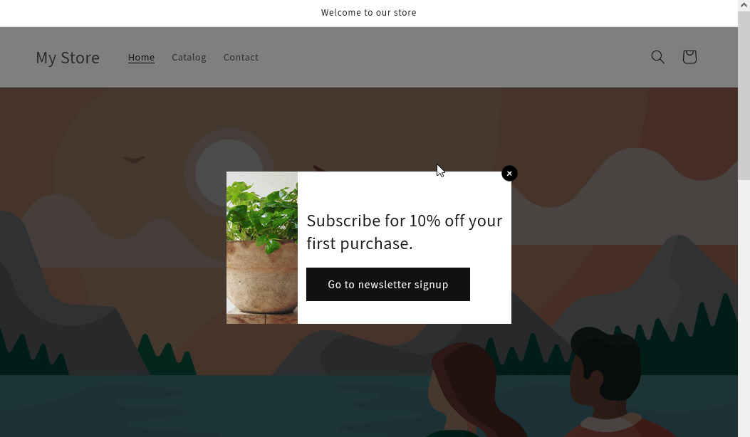 Gif showing the pop-up functionality on the Shopify
website.